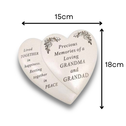 Grandma & Grandad - Double Heart Memorial With Floral Detail - Perfect For Gravesides And Gardens