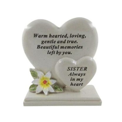 Sister - Double Heart with Lily Decoration Memorial Plaque - Perfect For Gravesides & Gardens