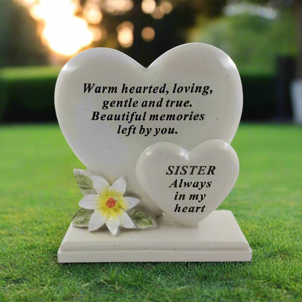 Sister - Double Heart with Lily Decoration Memorial Plaque - Perfect For Gravesides & Gardens